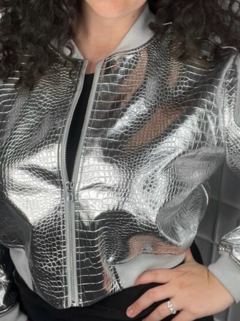 Eloquii Metallic Silver Croc-Embossed Bomber Jacket